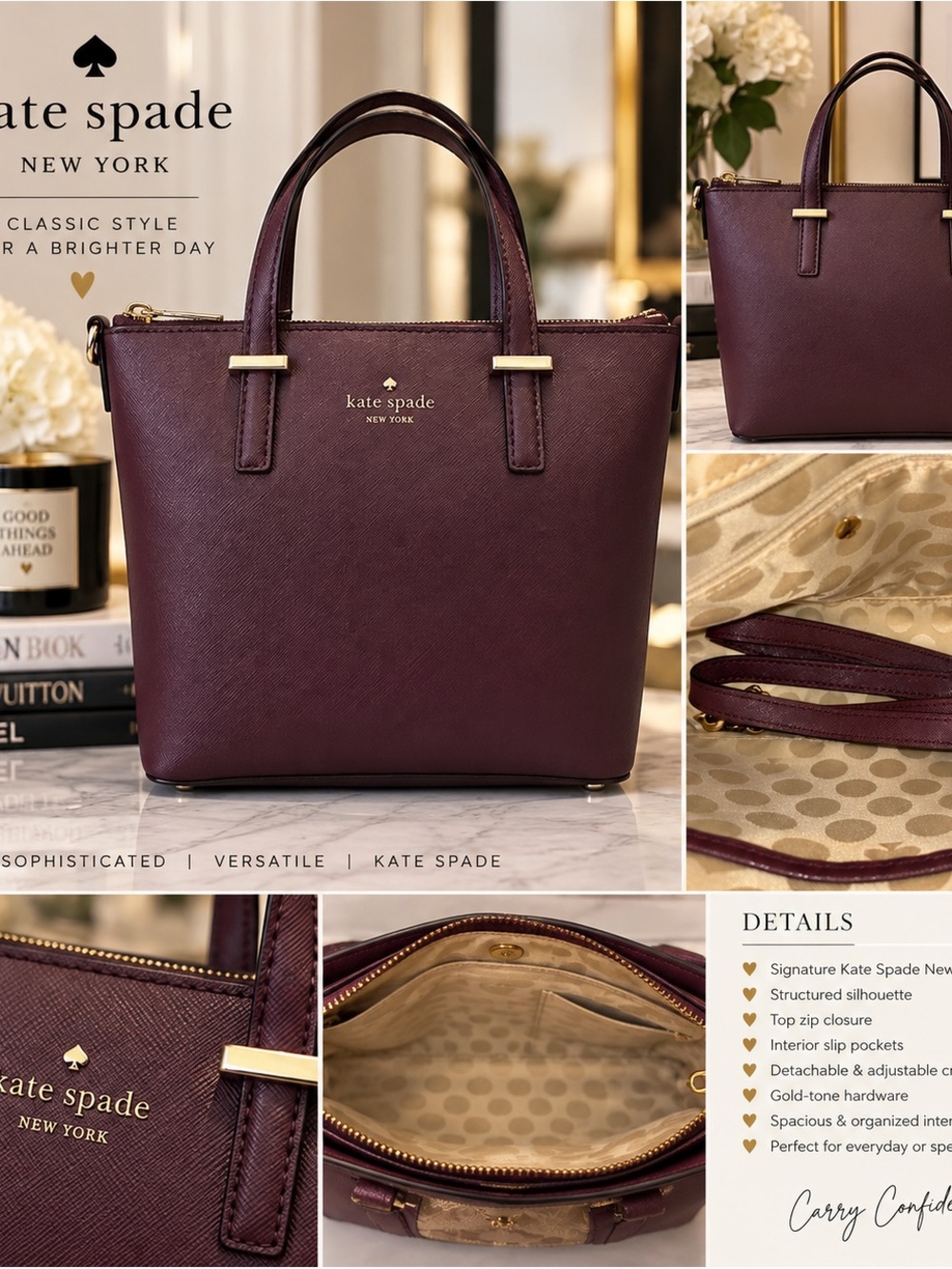 kate spade Burgundy Saffiano Tote with Gold Hardware